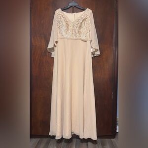 Elegant Champagne Embroidered Flutter-Sleeve Dress